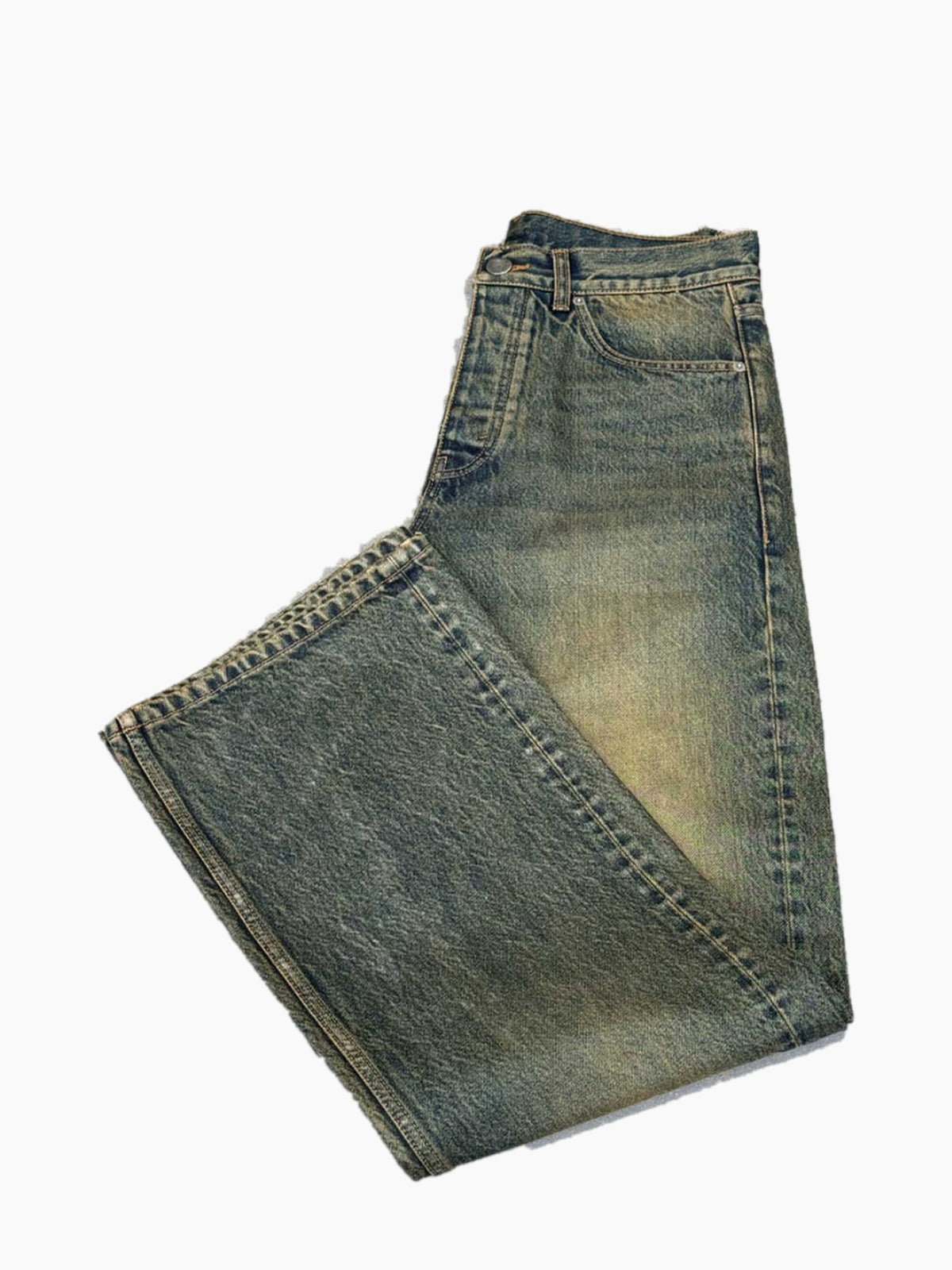Jean denim unisexe vert olive délavé - détail plié