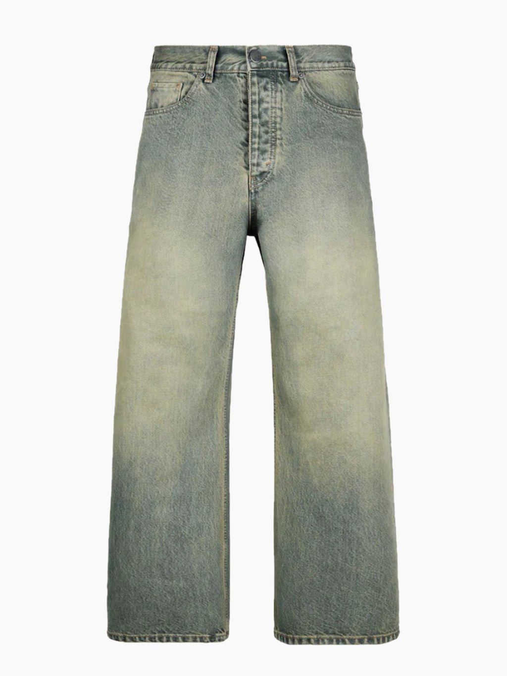 Jean denim unisexe vert sauge délavé - face