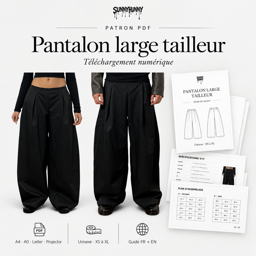 Patron PDF SUNNYHUNNY — pantalon large tailleur unisexe XS à XL